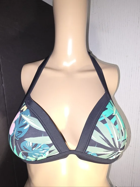 PINK Victoria's Secret Black Halter Bikini Top with Green Tropical Leaf Print - Picture 4 of 17